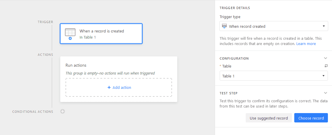 A screenshot of the Airtable trigger details side panel.