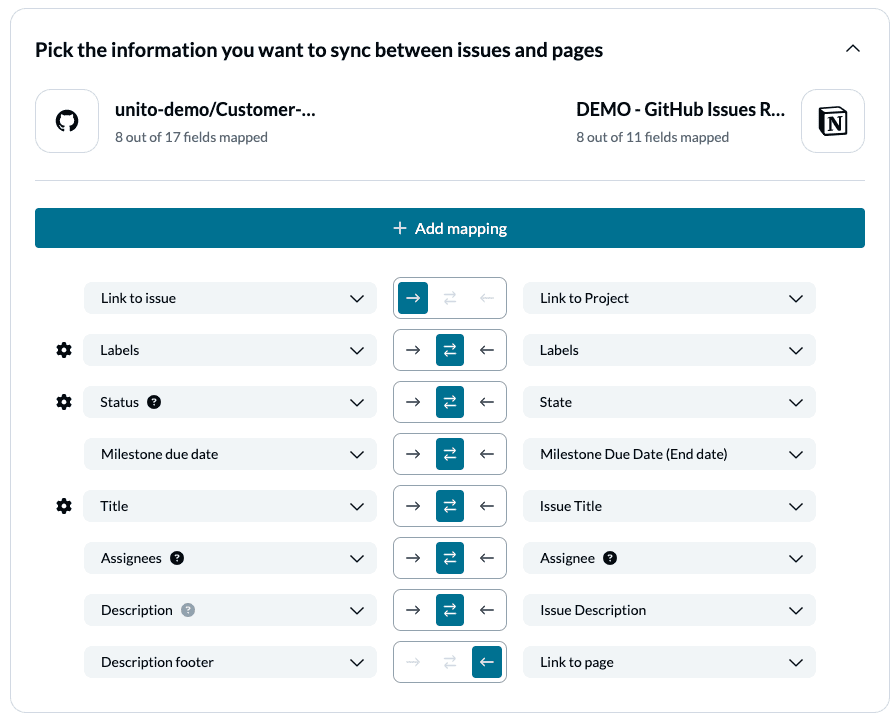 Select which fields to keep in sync between GitHub issues and your Notion page