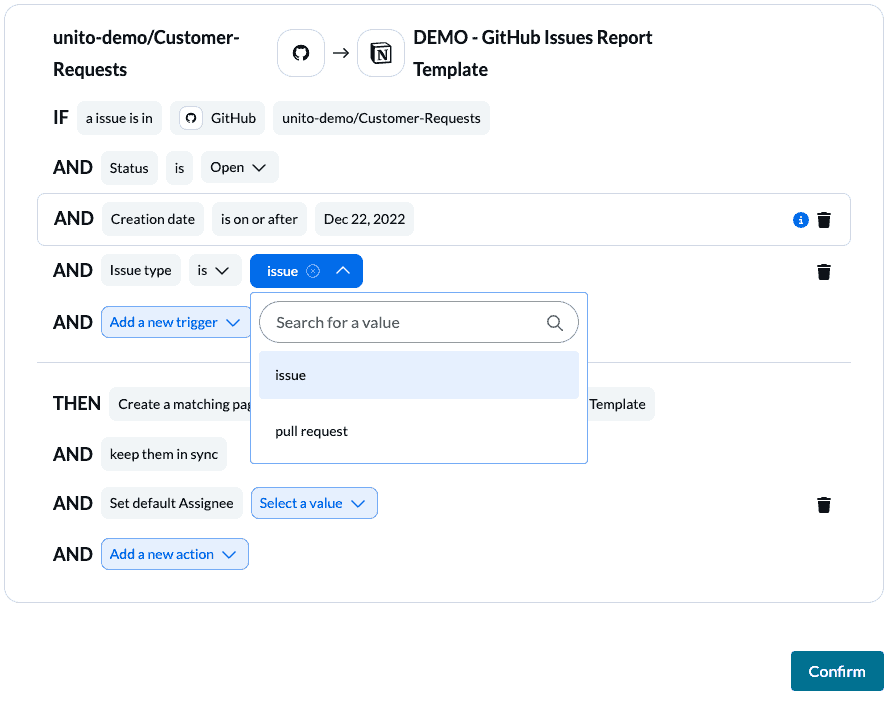 Set conditions to specify which issues to sync from GitHub to Notion