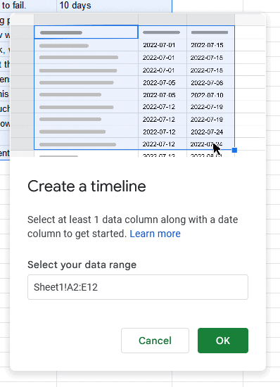 A screenshot of the Google Sheets Create a timeline menu.