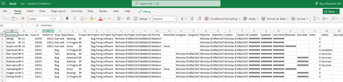 An Excel spreadsheet filled with Jira issues.