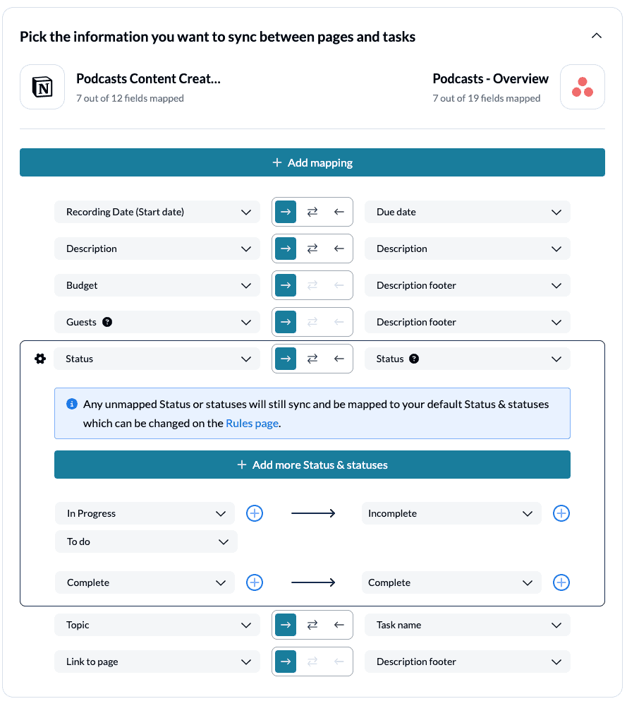 Asana Notion 2-way sync with Unito Field Mappings