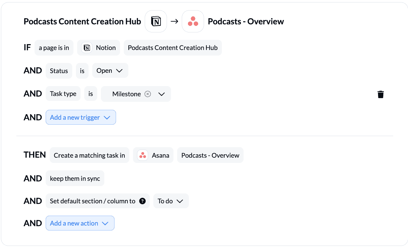 Setting rules between Notion and Asana with Unito