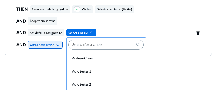 A screenshot of a Unito rule that sets a specific assignee when a Wrike task is created.
