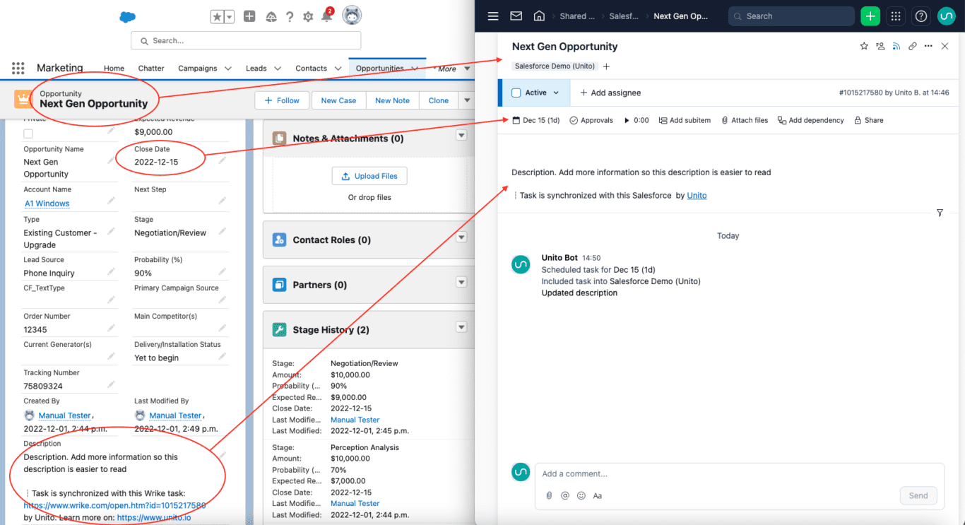 Salesforce opportunity synced to Wrike in real-time with Unito