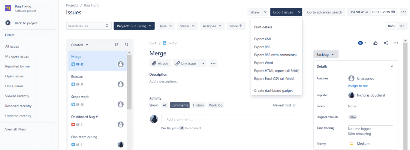 A screenshot of Jira issues, the second step for exporting Jira to Excel.