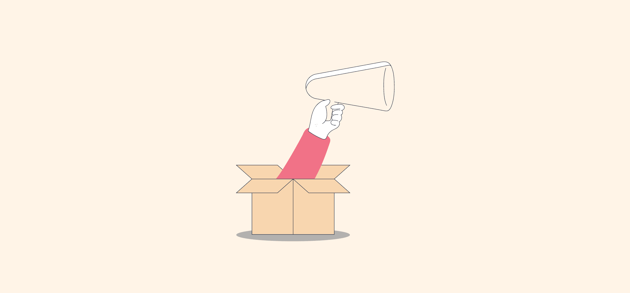 A hand emerging from a cardboard box holding a megaphone, representing project management tools and techniques.