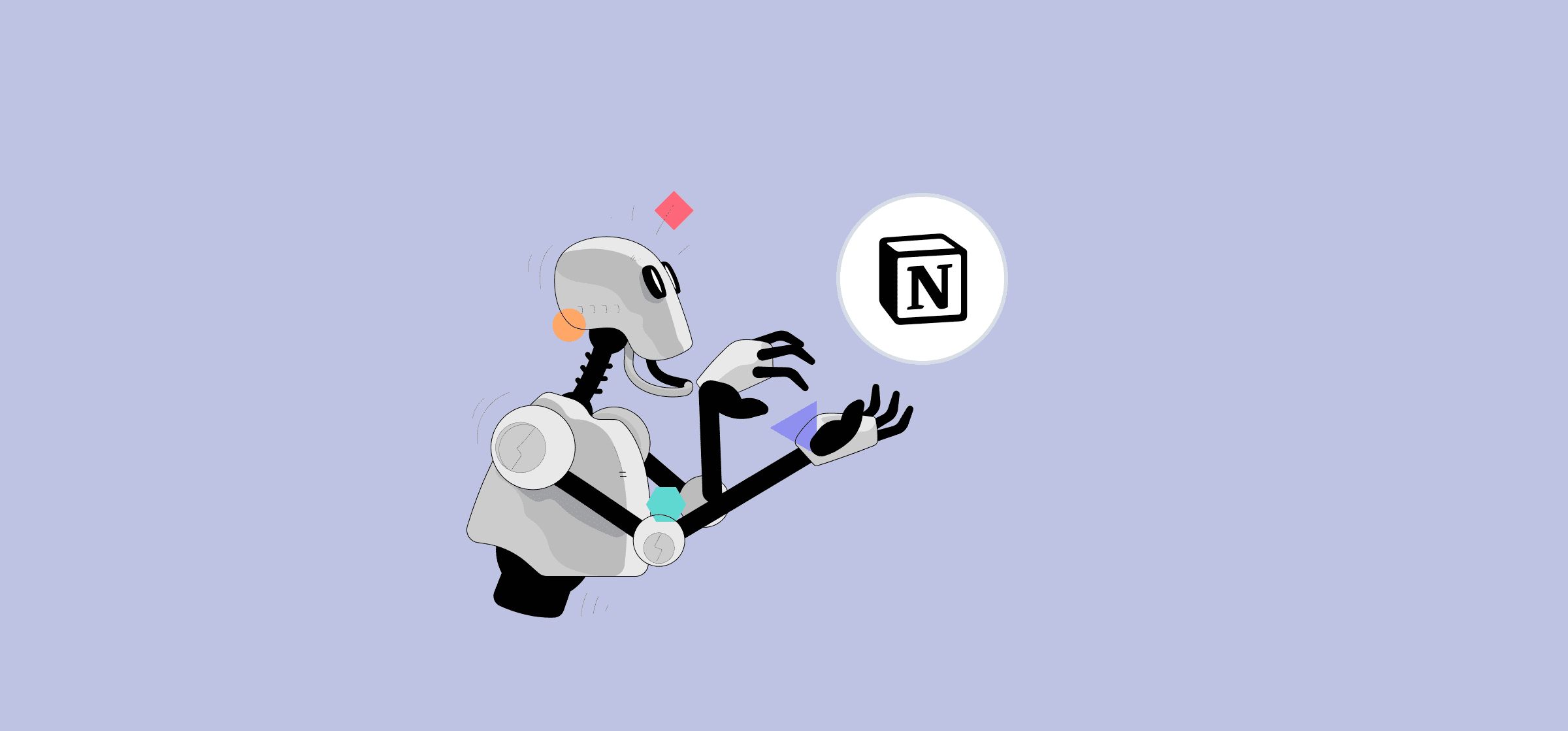 A robot reaching for a Notion logo, representing Notion automations.