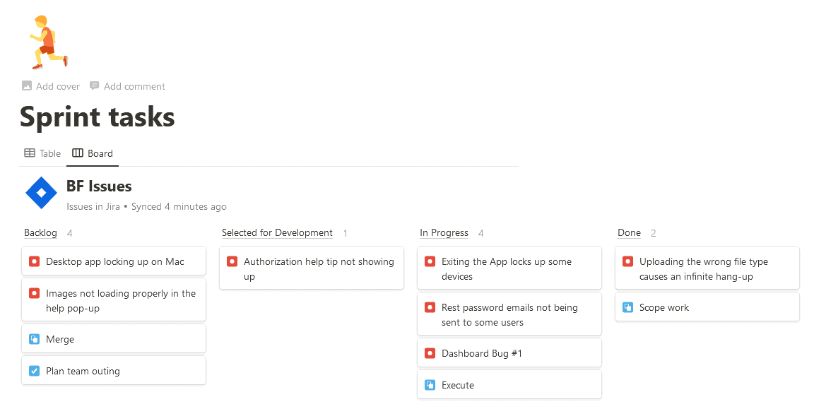 A screenshot of a Notion synced database full of Jira issues.