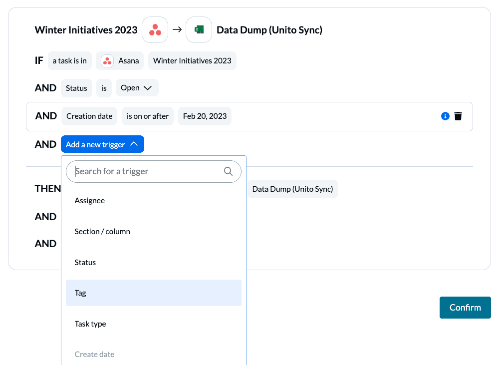 setting a trigger to filter specific tasks from syncing between Asana and Excel with Unito.