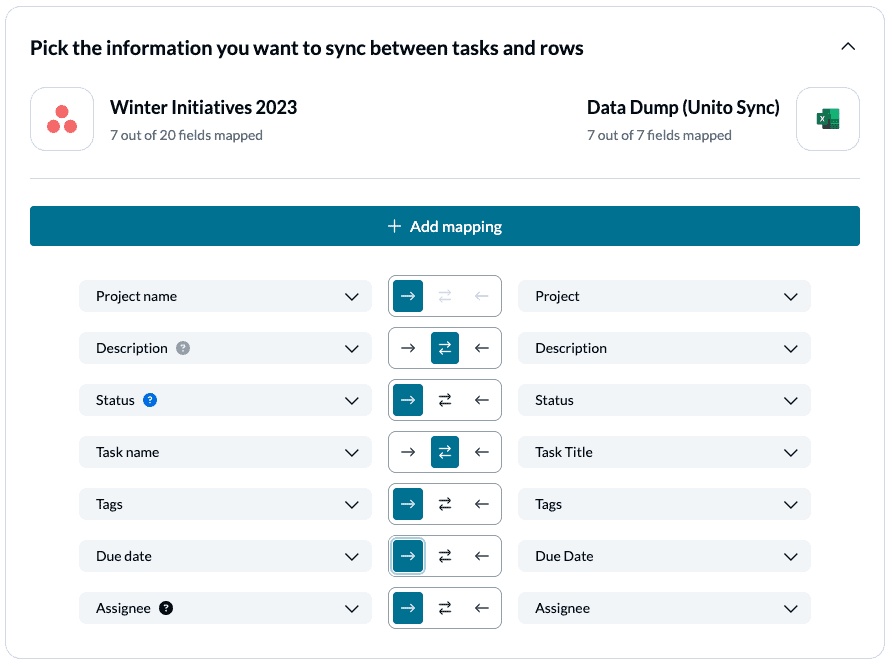 Setting fields to sync between Asana and Excel