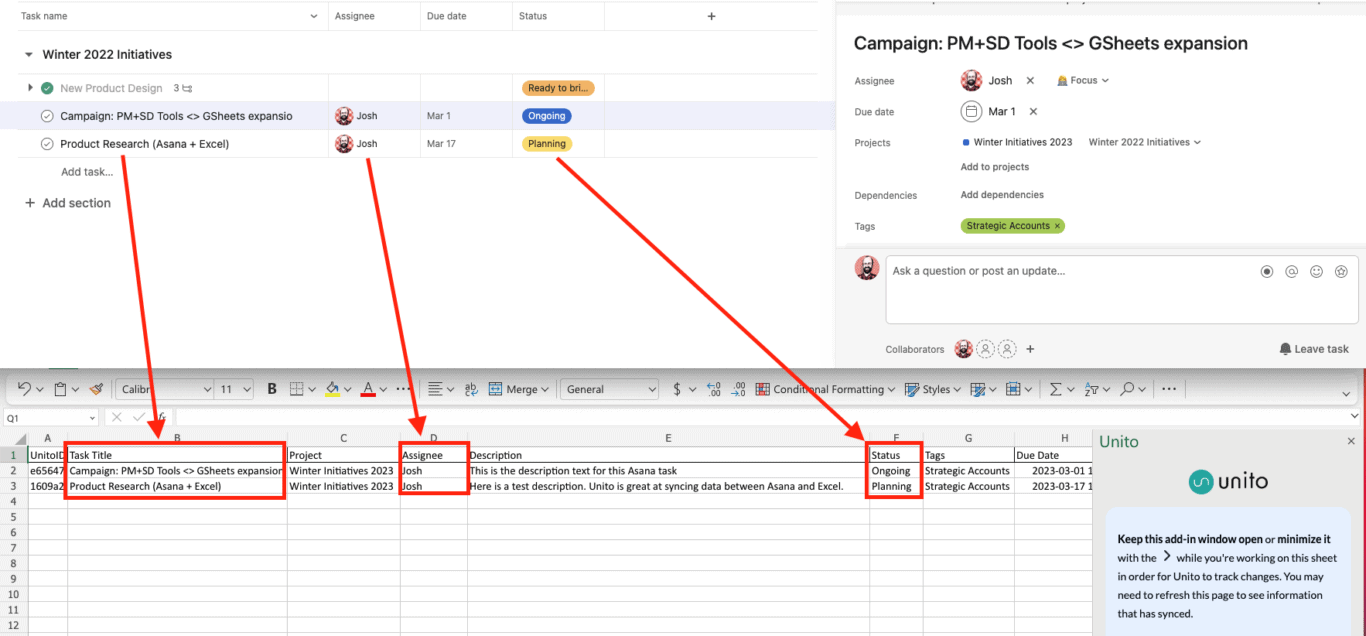 Fields syncing between Asana and Microsoft Excel, including task title, project, assignee, description, status, tags, due date and more.