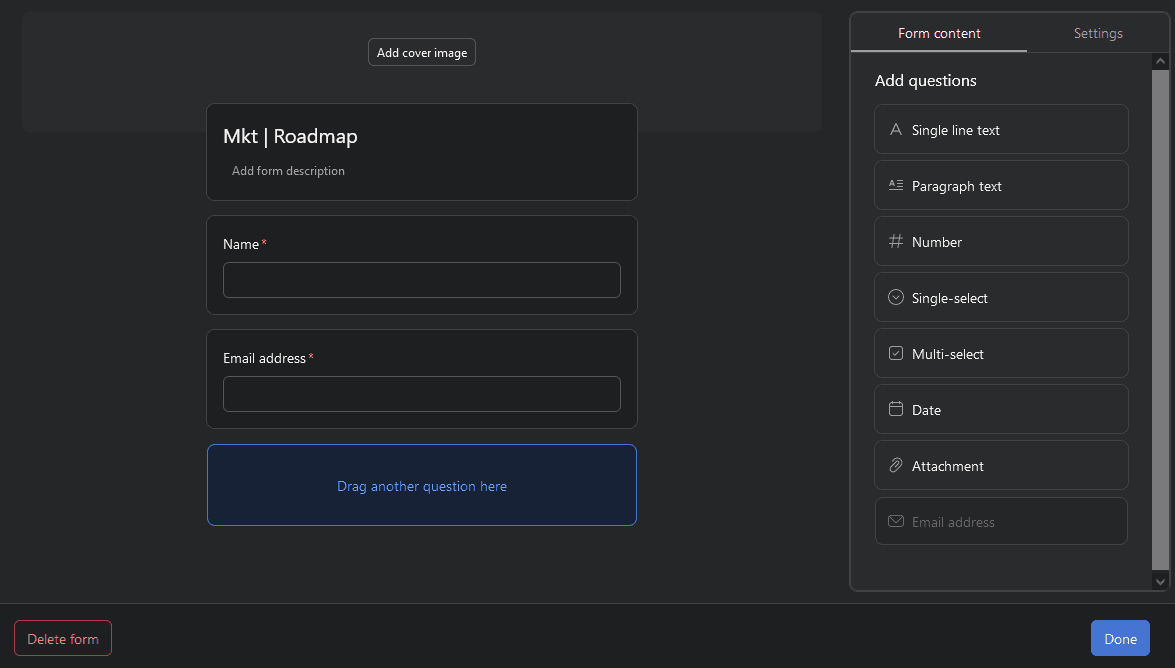 A screenshot of an Asana form, a project management automation feature.