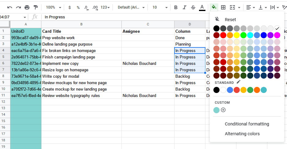 A screenshot of the paint bucket tool in Google Sheets.