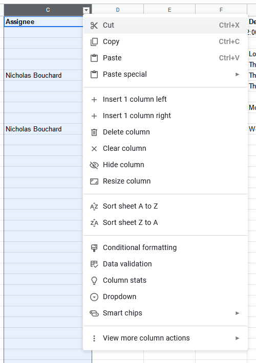 A screenshot of the column menu in Google Sheets.