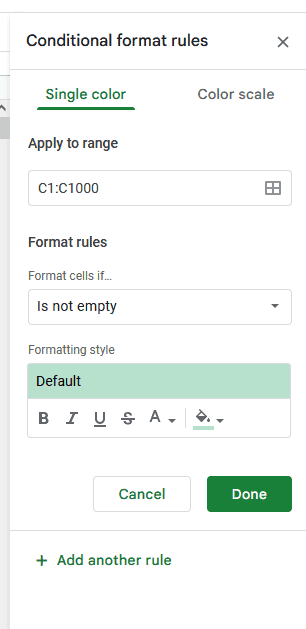 A screenshot of the conditional formatting menu in Google Sheets.