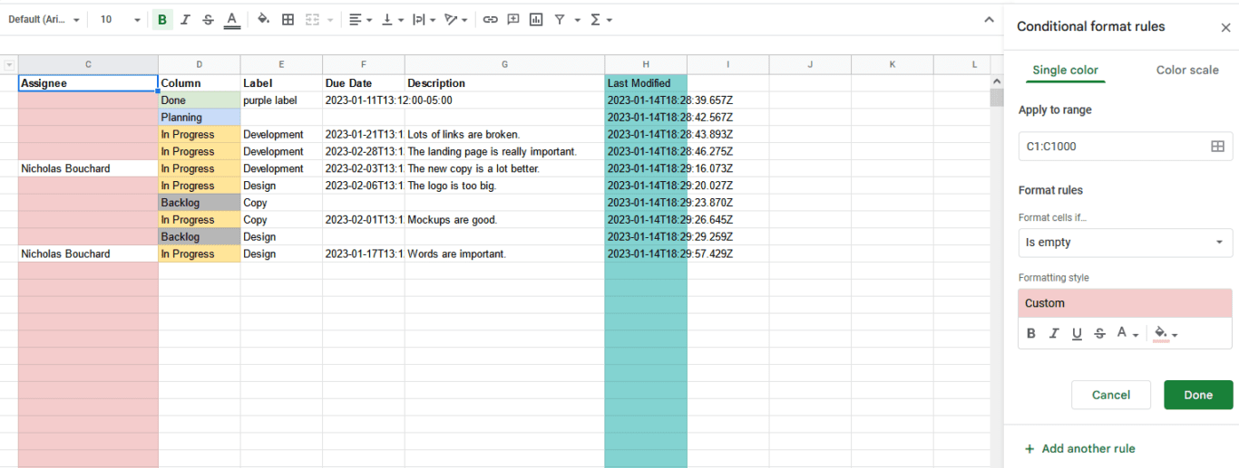 A screenshot of a Google Sheet with conditional formatting.
