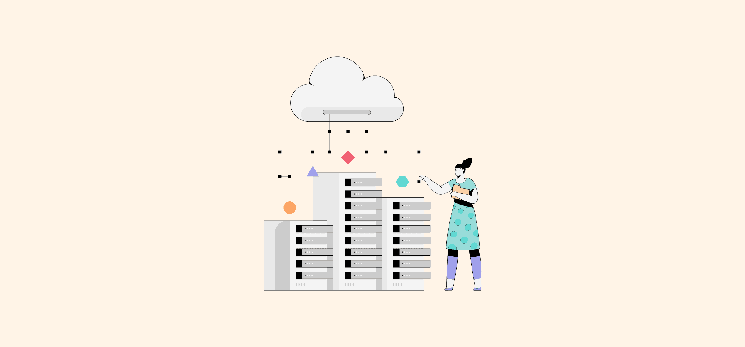 A cloud dropping dotted lines onto servers, representing generative AI.
