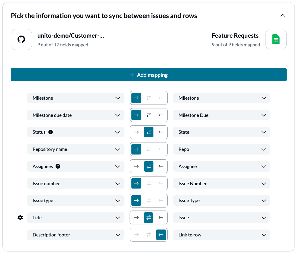 Select which fields to keep in sync between GitHub issues and your Google Sheets