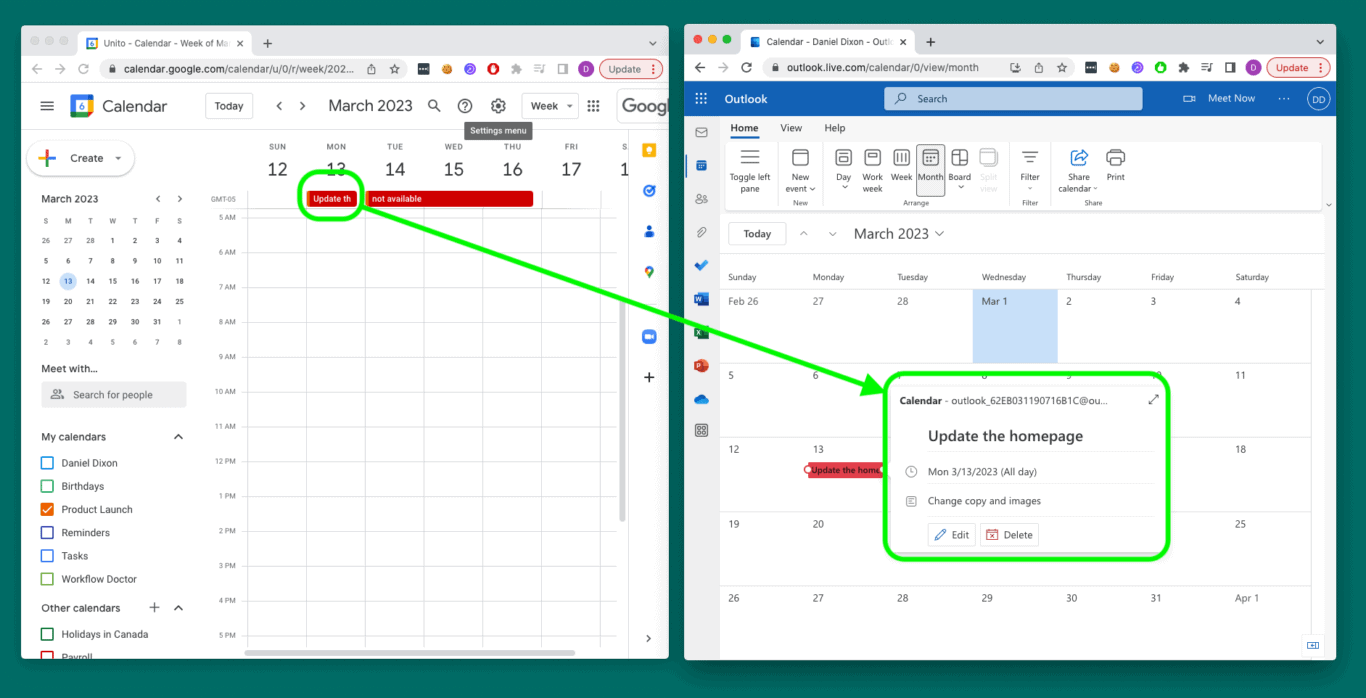 Synced calendars between Google Calendar and Microsoft Outlook