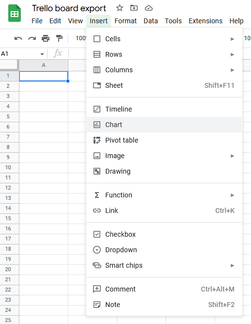 A screenshot of the Insert menu in Google Sheets.