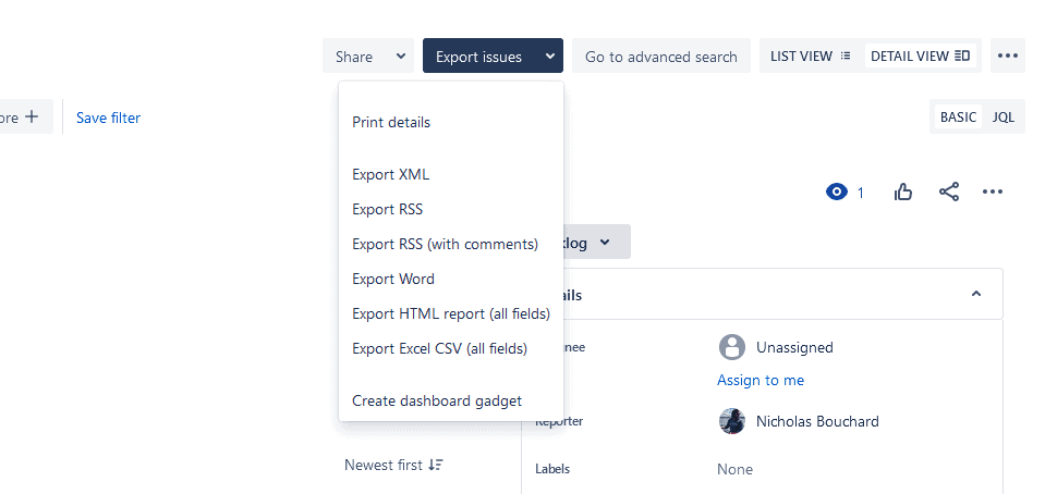 A screenshot of the export issues menu from Jira.