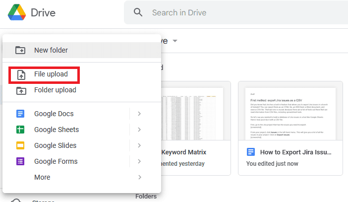 A screenshot of the + New menu in Google Sheets.