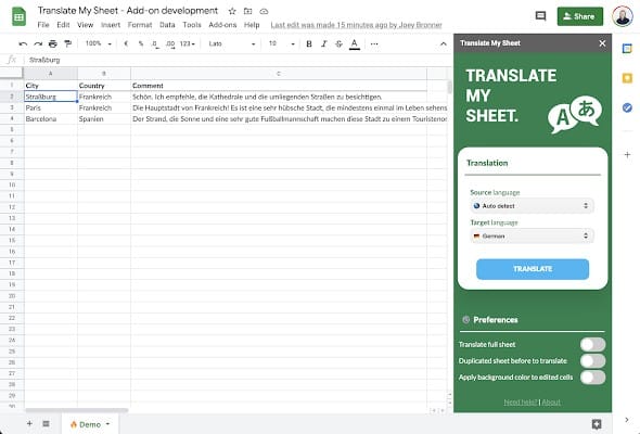 A screenshot of Translate my Sheet, one of the best add-ons for Google Sheets.