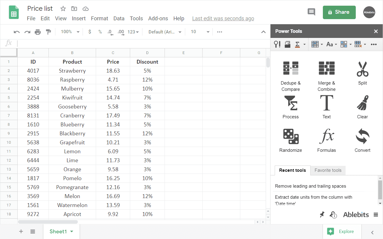 A screenshot of Power Tools, an example of a Google Sheets extension.