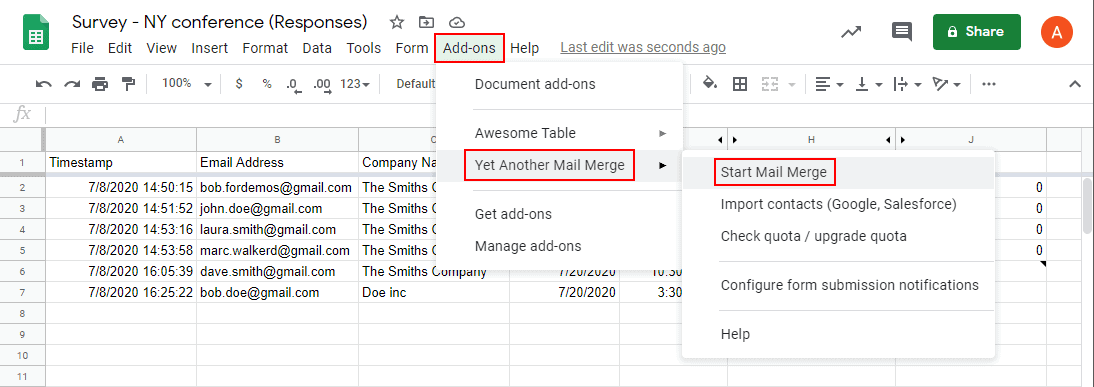 A screenshot for Yet Another Mail Merge, one of the best add-ons for Google Sheets.