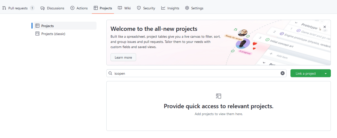 A screenshot of the agile projects tab in GitHub.