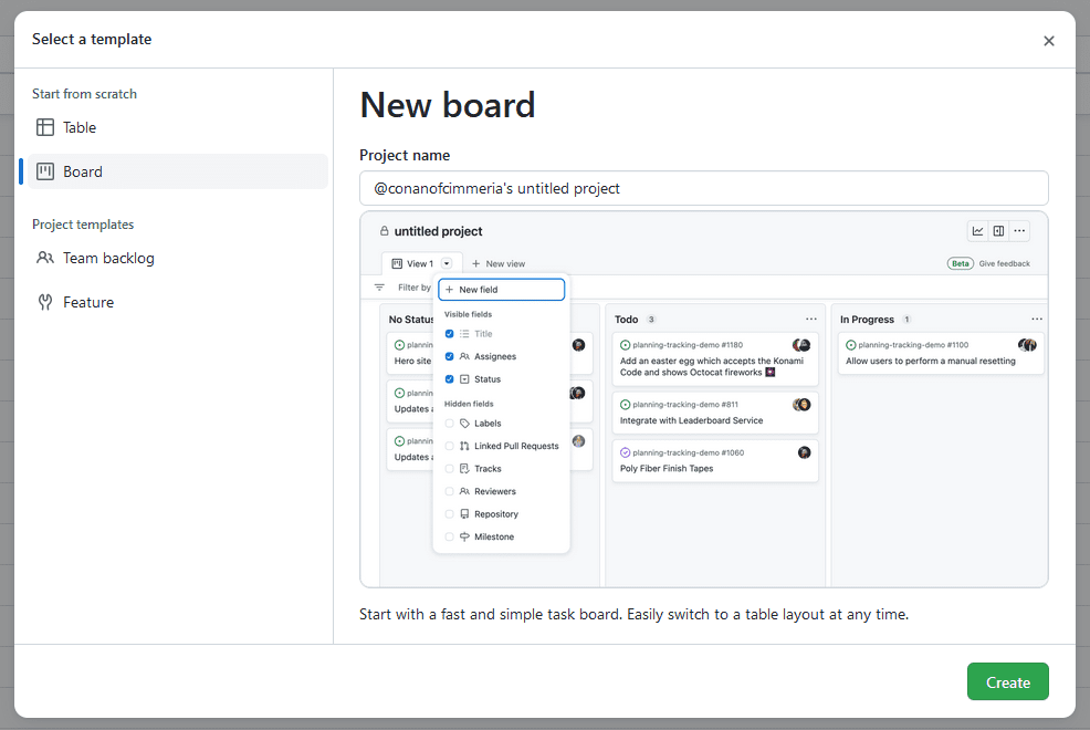 A screenshot of the "select a template" screen in GitHub.