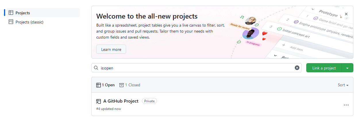 The GitHub agile projects tab.