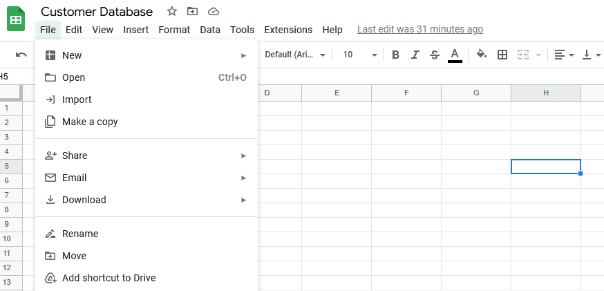 A screenshot of a customer database spreadsheet in Google Sheets.