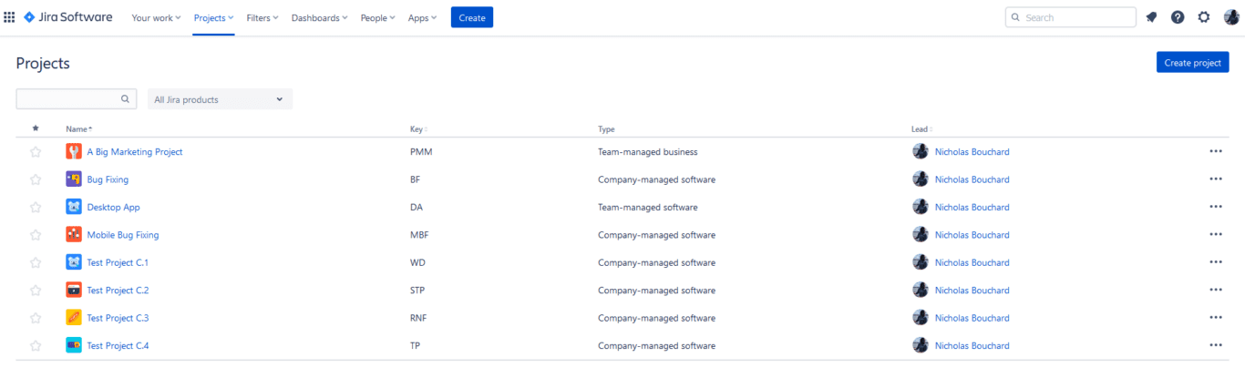 A screenshot of Jira software, with the Dashboards tab visible.