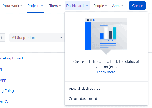 A screenshot of the dashboard menu in Jira.