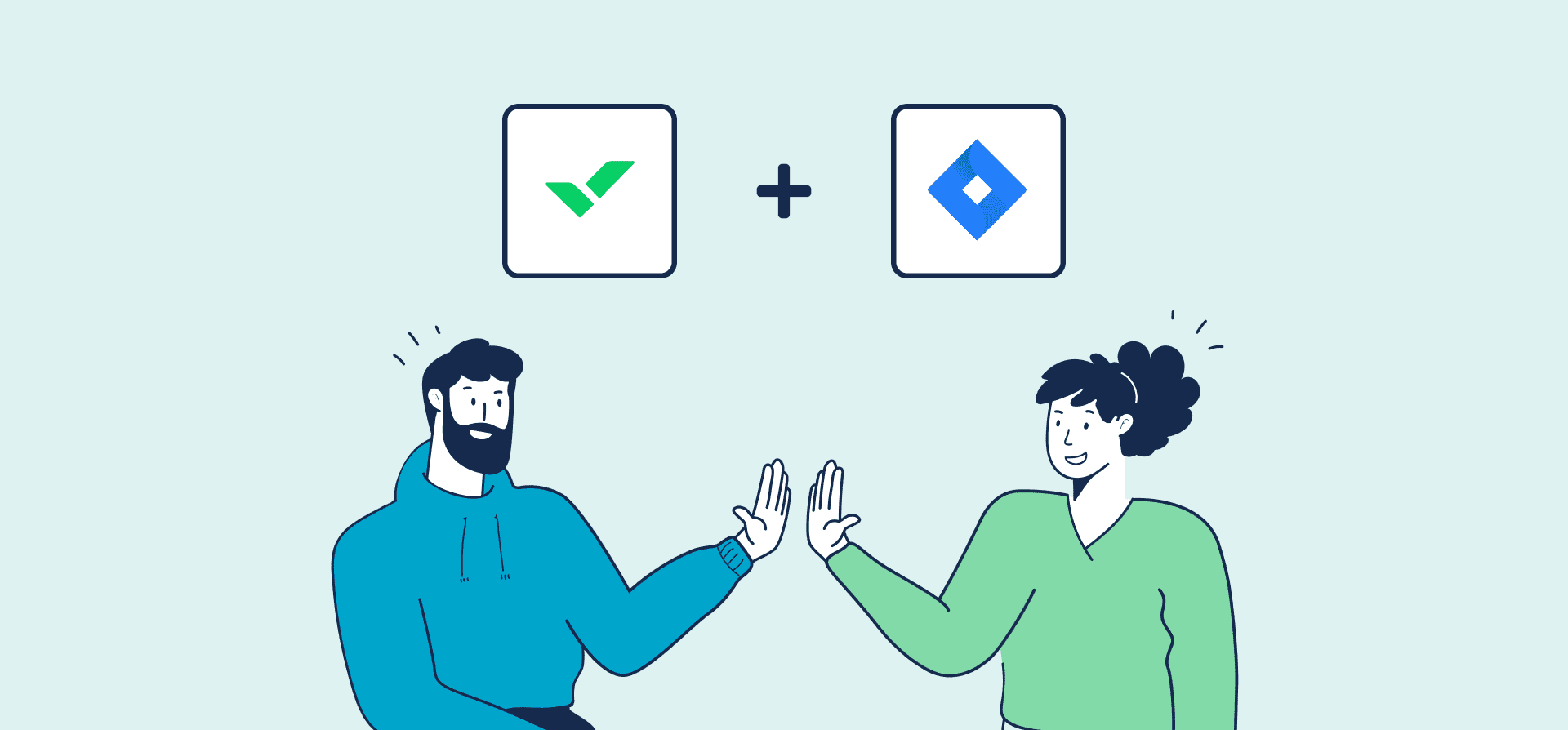 An illustration of two people high-fiving under logos for Wrike and Jira.