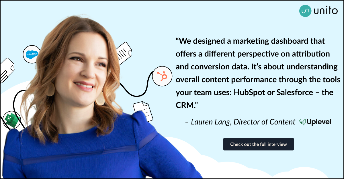 Lauren Lang director of content at Uplevel. A quote reads: "“We designed a marketing dashboard that offers a different perspective on attribution and conversion data. It’s about understanding overall content performance through the tools your team uses: HubSpot or Salesforce – the CRM.”