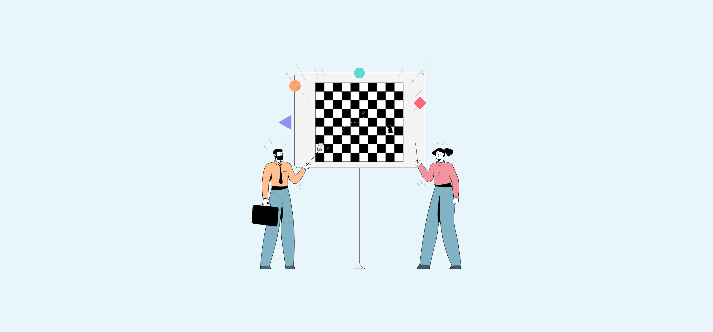 Two people pointing to a chessboard, representing marketing metrics.
