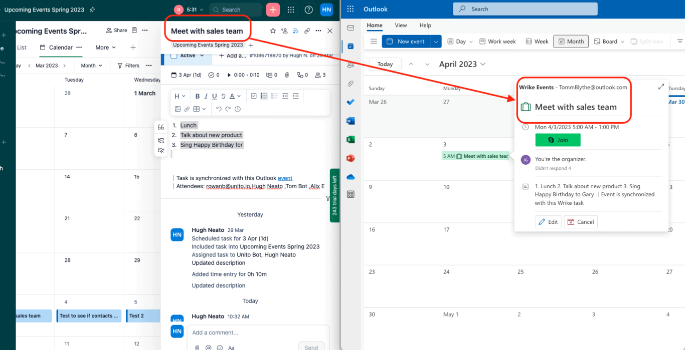 Synced Wrike task and Outlook Calendar event