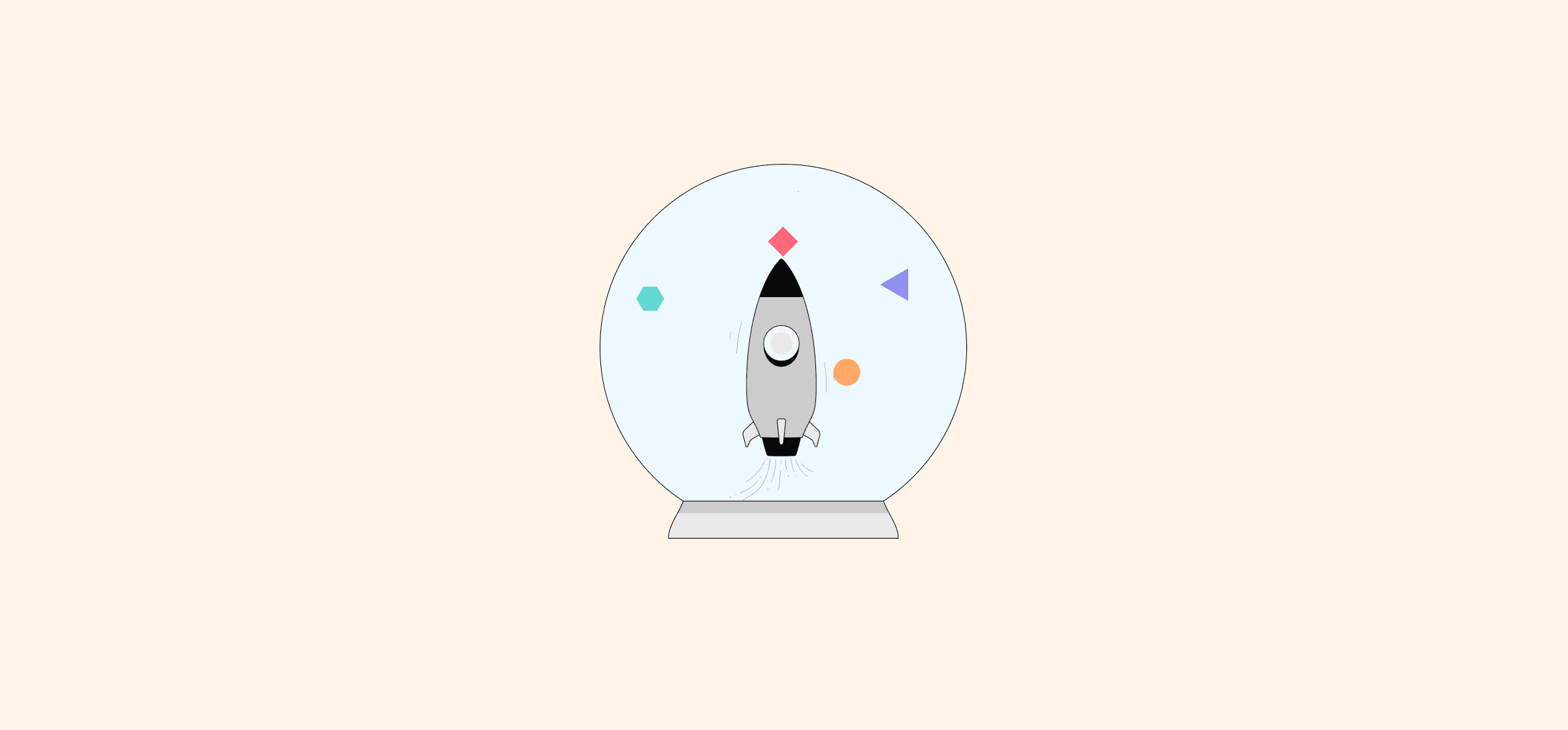 An illustration of a rocket in a snowglobe, representing the project management workflow.