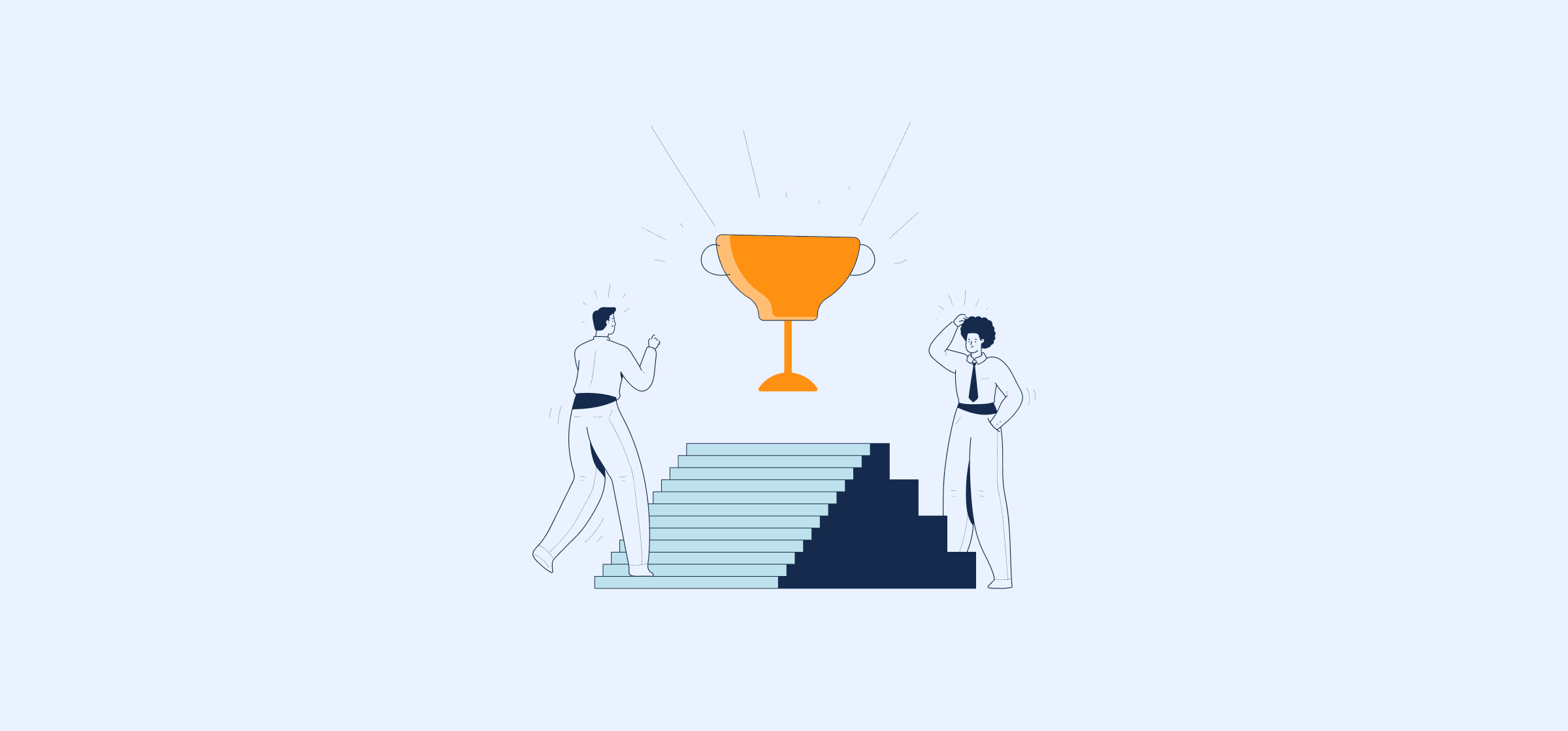 An illustration of two people at the bottom of stairs leading up to a trophy, representing the sales leaderboard.