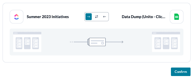 A screenshot of the flow direction screen in Unito, pushing new work items in one direction, from ClickUp to Google Sheets.