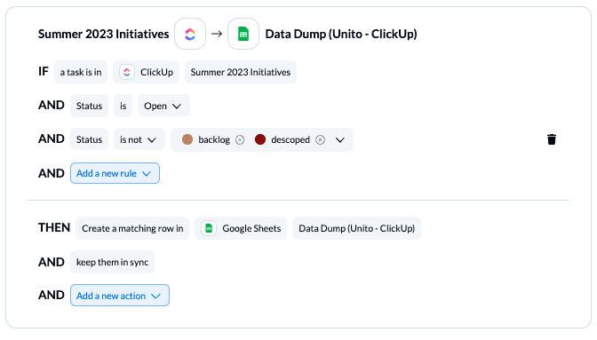 A screenshot of the rules screen in Unito, integrating ClickUp and Google Sheets.