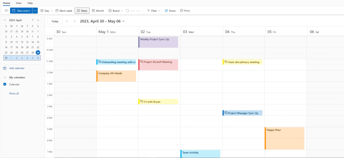 A screenshot of an Outlook calendar, ready for export.