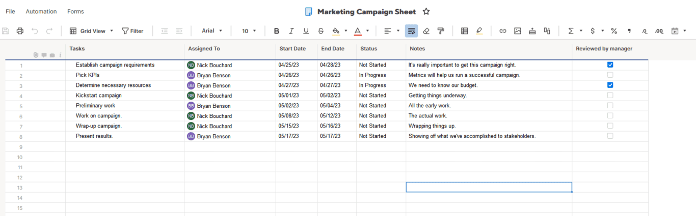 A screenshot of a Smartsheet sheet, ready to export to Excel.