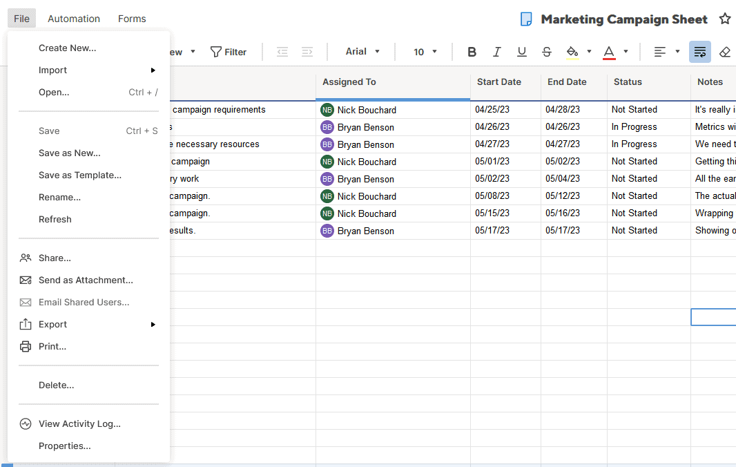 A screenshot of Smartsheet's File menu in a Smartsheet ready to export to Excel.