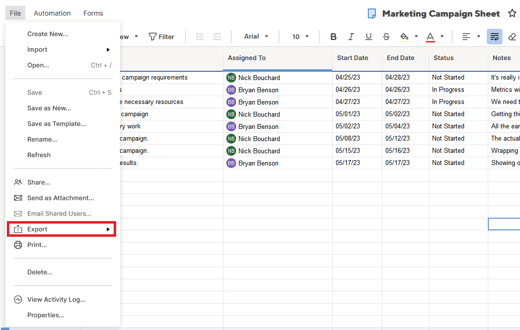 A screenshot of Smartsheet's File menu, with Export highlighted.