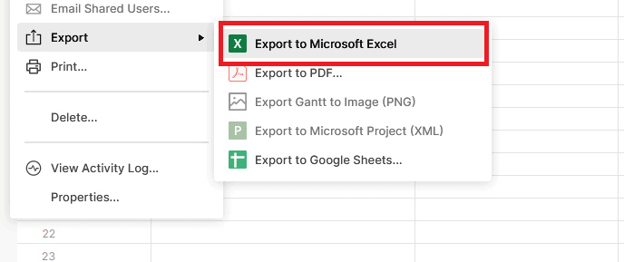 A screenshot of Smartsheet's Export menu, with Export to Microsoft Excel highlighted.