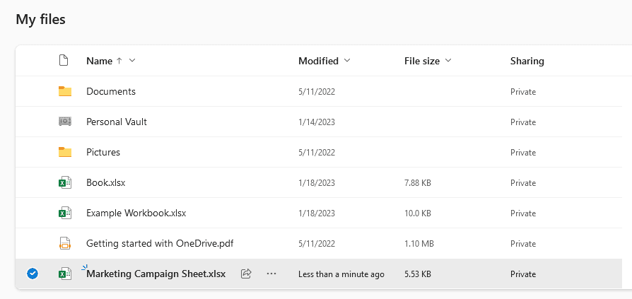 A screenshot of an Excel file in OneDrive.